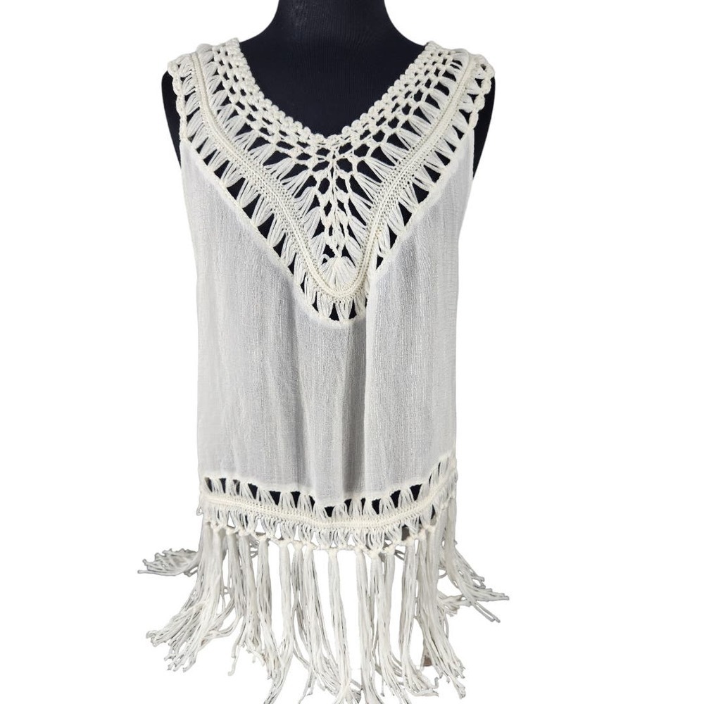 Miracle med/large boho-style sleeveless beach cover-up crochet knit fringe hem